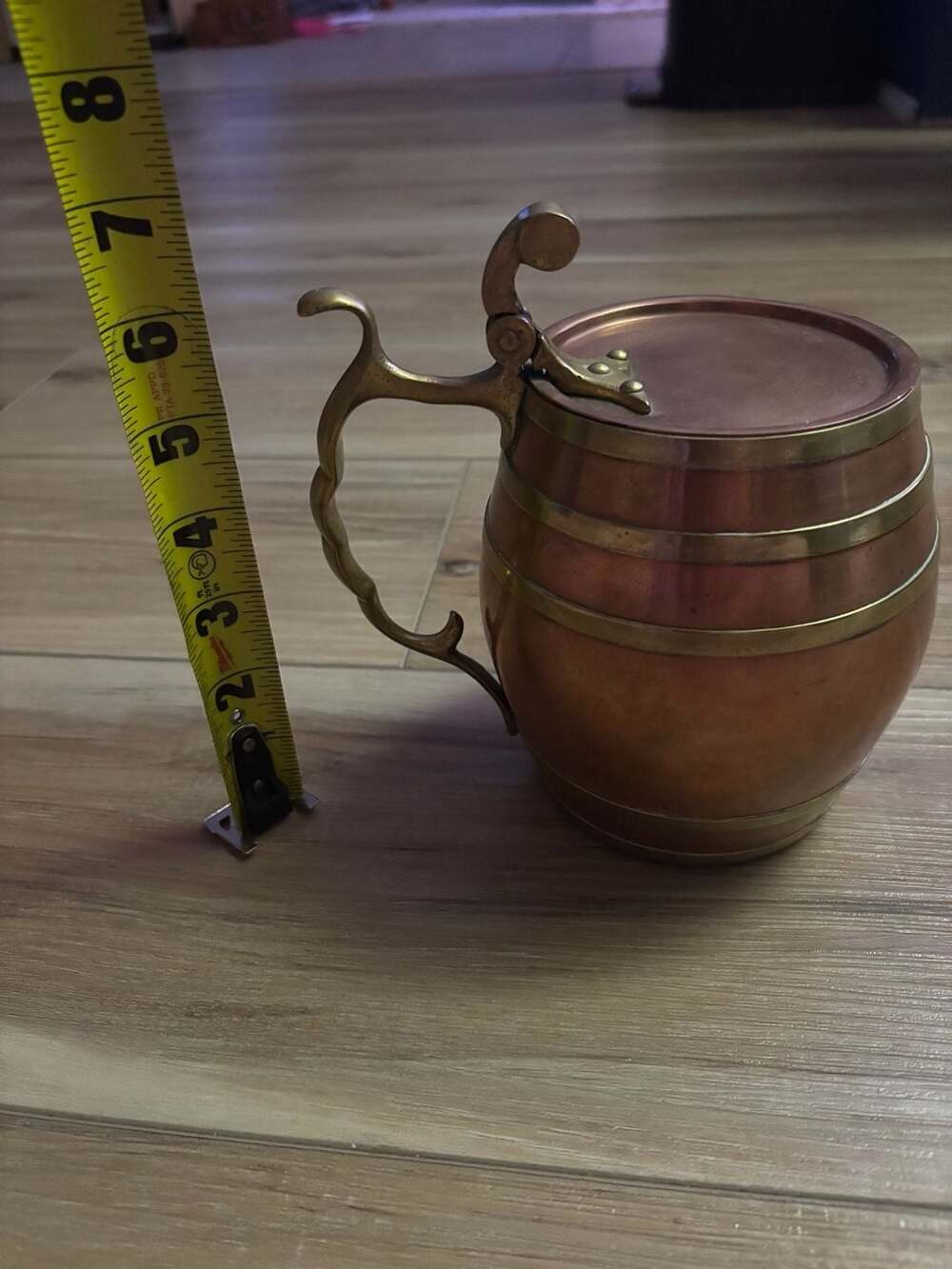 Vintage Copper and Brass Barrel Style Hinged Lid Stein Tankard - Picture 5 of 6